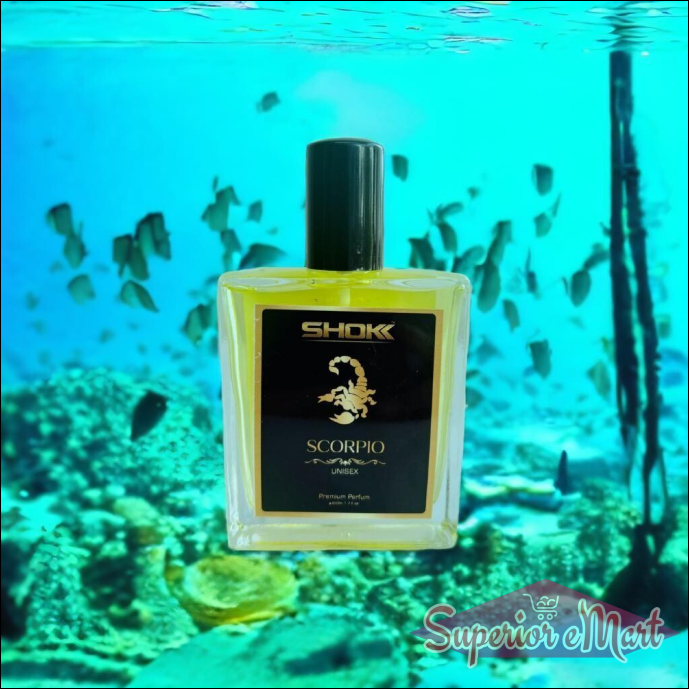 Scorpio Zodiac Unisex Perfume 50ml in a bottle against an underwater background