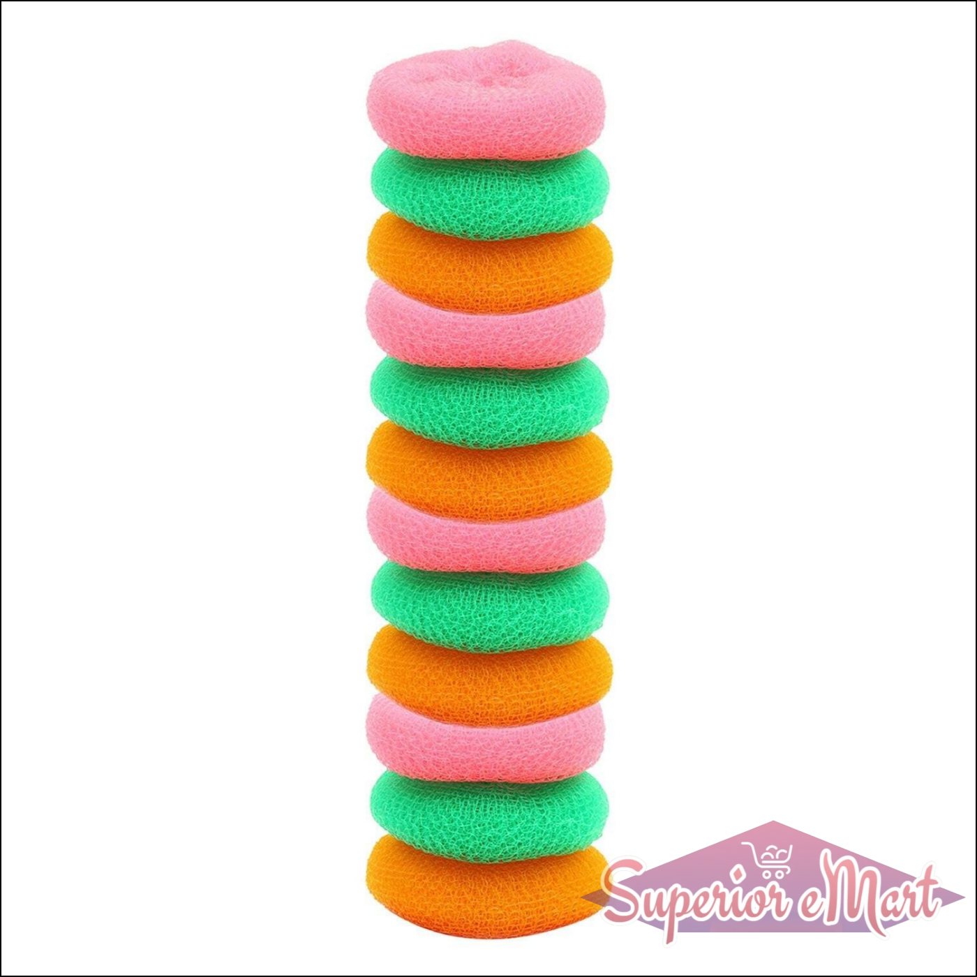Pack of 12 nylon scrubbers in vibrant colors for effective cleaning and scrubbing in home and kitchen