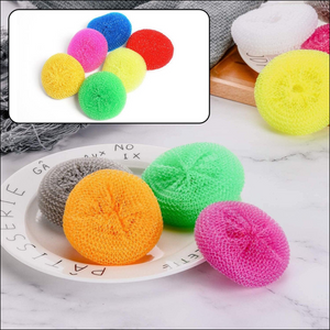 Colorful nylon scrubbers pack of 12 on a plate, perfect for kitchen cleaning tasks