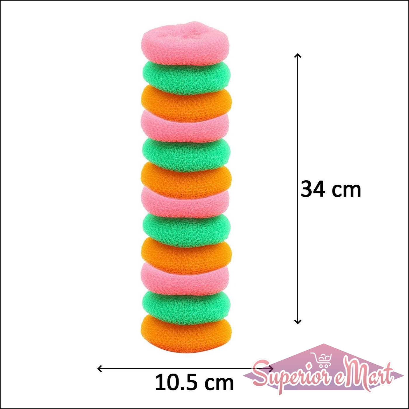 Colorful nylon scrubbers pack of 12 in pink, green and orange for effective kitchen cleaning