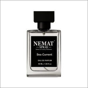 Nemat Sea Current Eau De Parfum: 50ml clear rectangular glass bottle with a square matte black cap and black label.