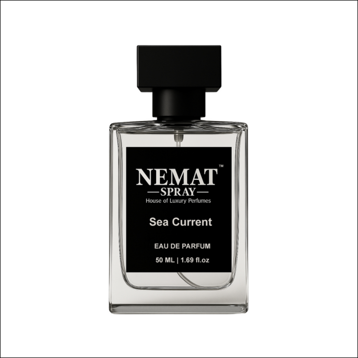 Nemat Sea Current Eau De Parfum: 50ml clear rectangular glass bottle with a square matte black cap and black label.