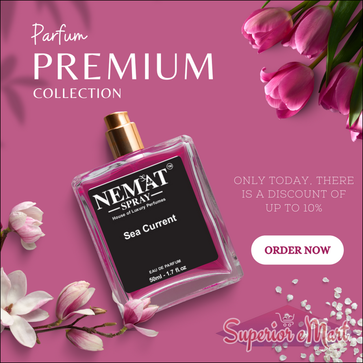 Nemat Sea Current pink perfume on floral background. Text: Premium Collection, 10% off today, Order Now.