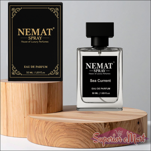 Nemat Sea Current 50ml Eau de Parfum bottle and black box with gold accents on wooden display pedestals.