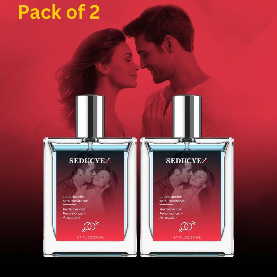 Pack of 2 Seducye Triplex extrait de parfum bottles with silver caps and romantic couple image on label