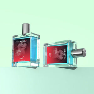 Seducye Triplex extrait de parfum in clear glass bottles with blue liquid and silver caps by Superior eMart