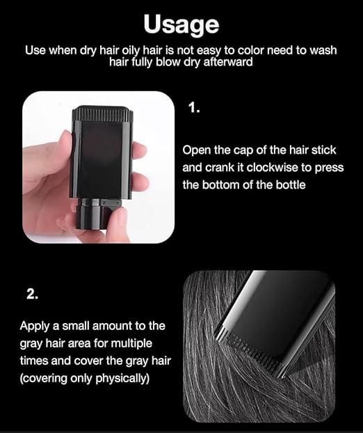 Usage instructions for covering white hair with a hair stick applicator shown on gray hair