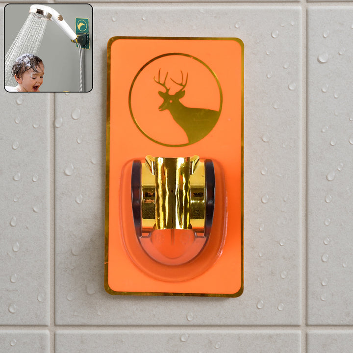 Self-adhesive shower head holder in orange, designed for easy installation and secure grip on bathroom tiles
