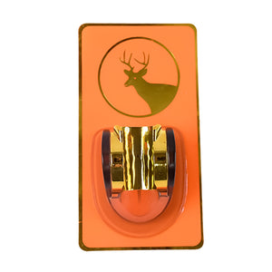 Self-adhesive shower head holder in vibrant orange with a decorative deer design for easy installation