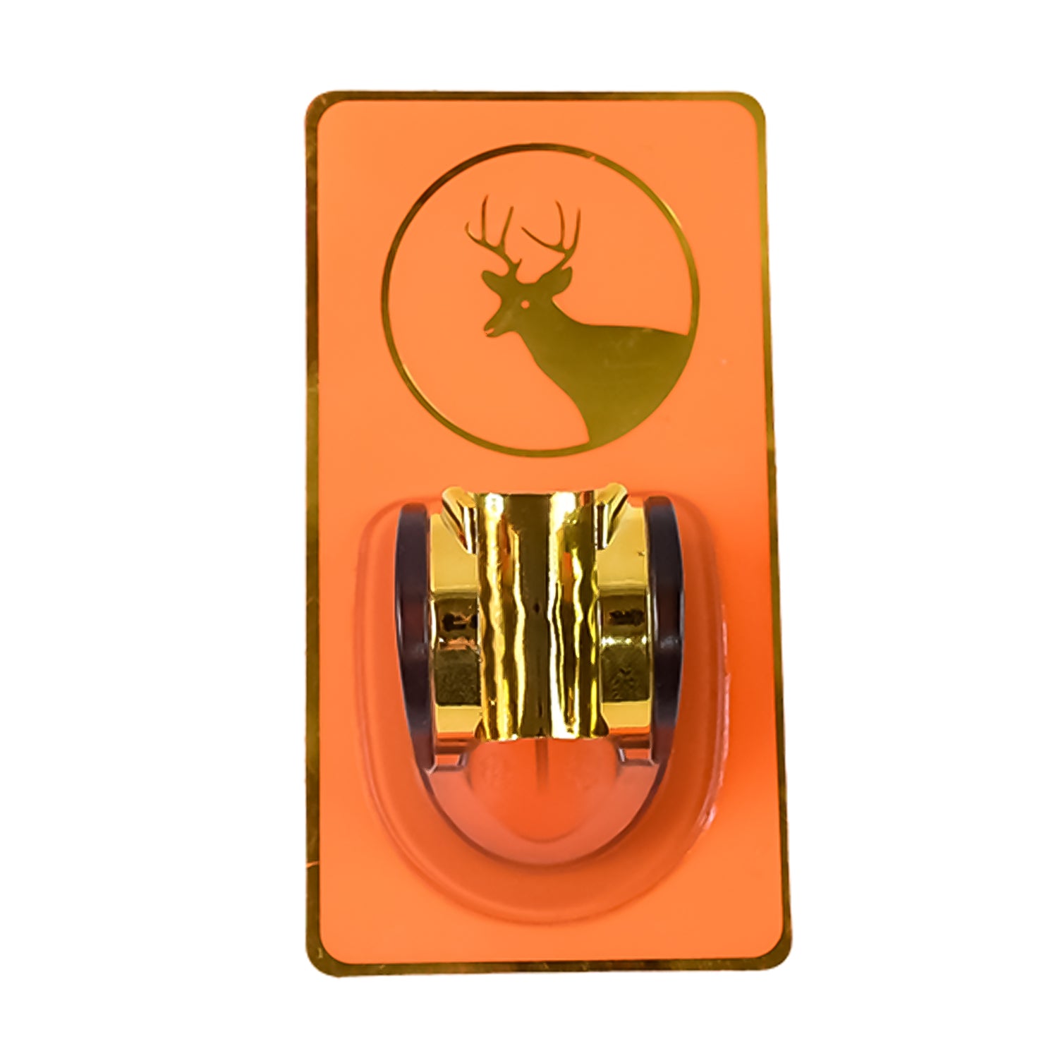 Self-adhesive shower head holder in vibrant orange with a decorative deer design for easy installation