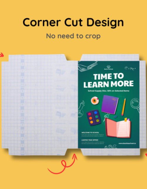 Self-adhesive transparent protective book cover with corner cut design for easy application