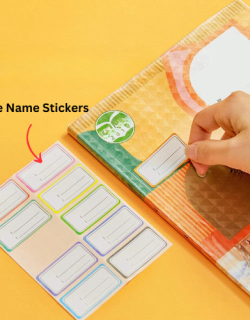 Self-adhesive transparent protective book cover being applied to a colorful book with name stickers nearby