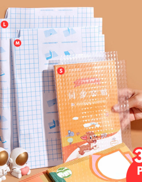 Self-adhesive transparent protective book cover by Superior eMart in various sizes showing easy application on a book