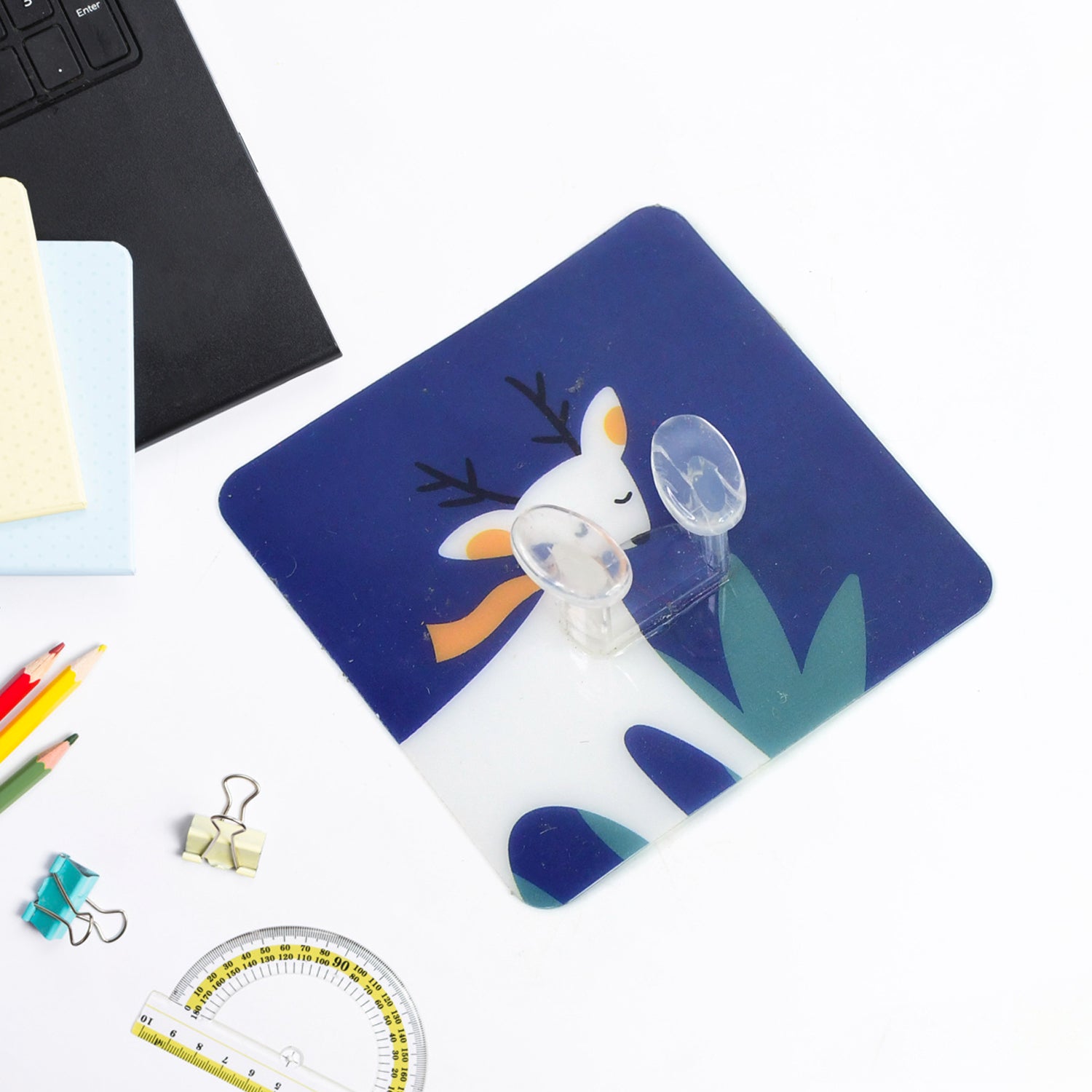 Colorful self-adhesive wall hook featuring a playful deer design for easy organization