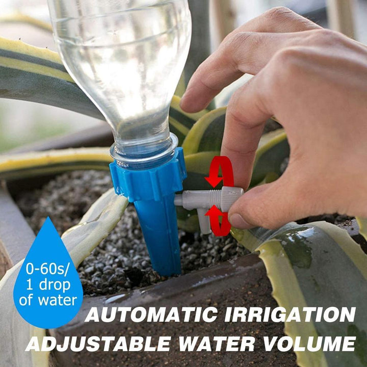 Self-watering spikes for plants with adjustable water volume for automatic irrigation and easy plant care