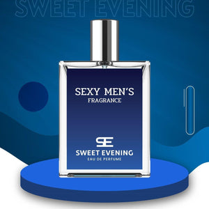 Sweet Evening sexy men's fragrance 100ml pack in sleek blue bottle with simple design
