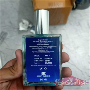 Sweet Evening 50ml perfume bottle featuring a sexy men's fragrance 100ml pack design with clear branding