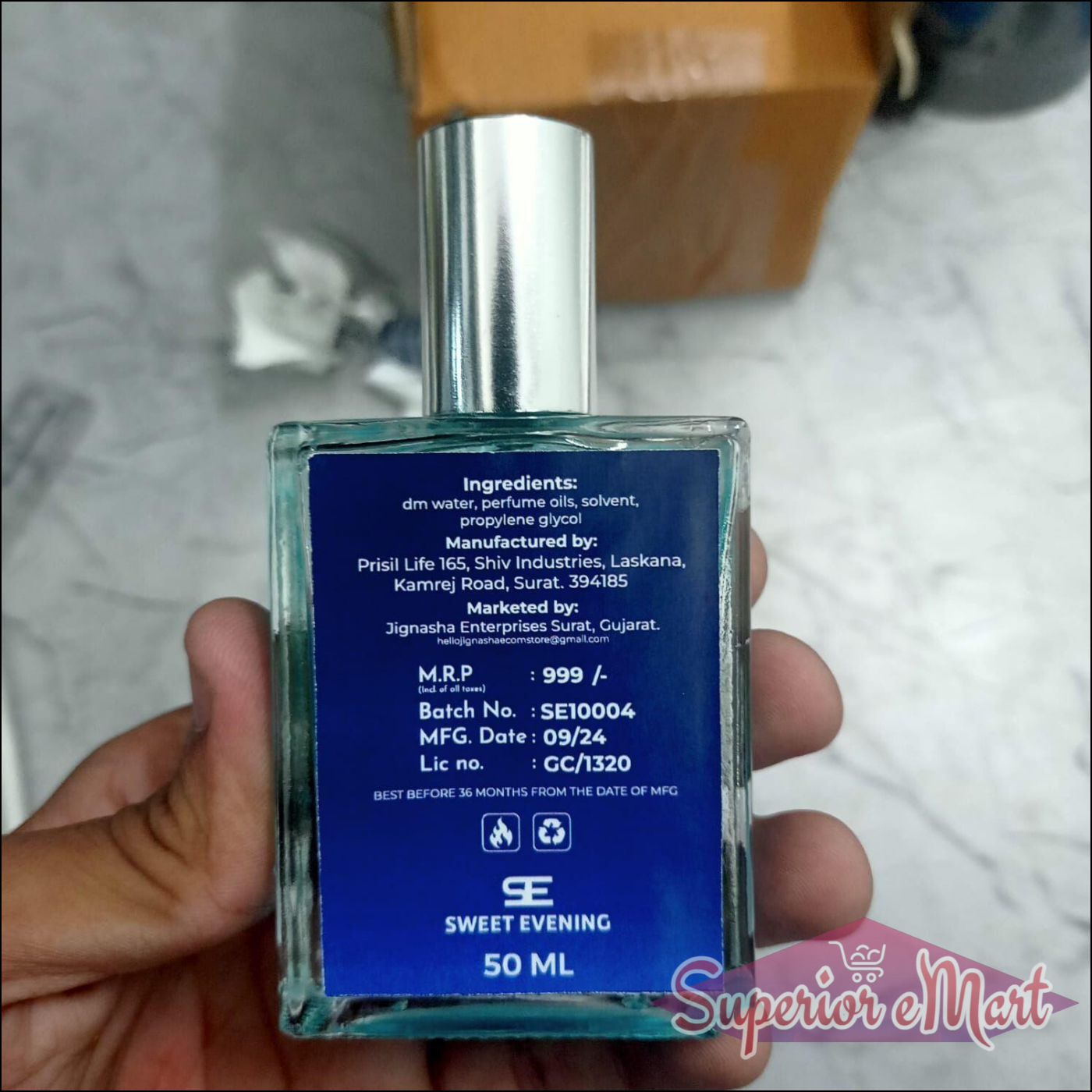Sweet Evening 50ml perfume bottle featuring a sexy men's fragrance 100ml pack design with clear branding