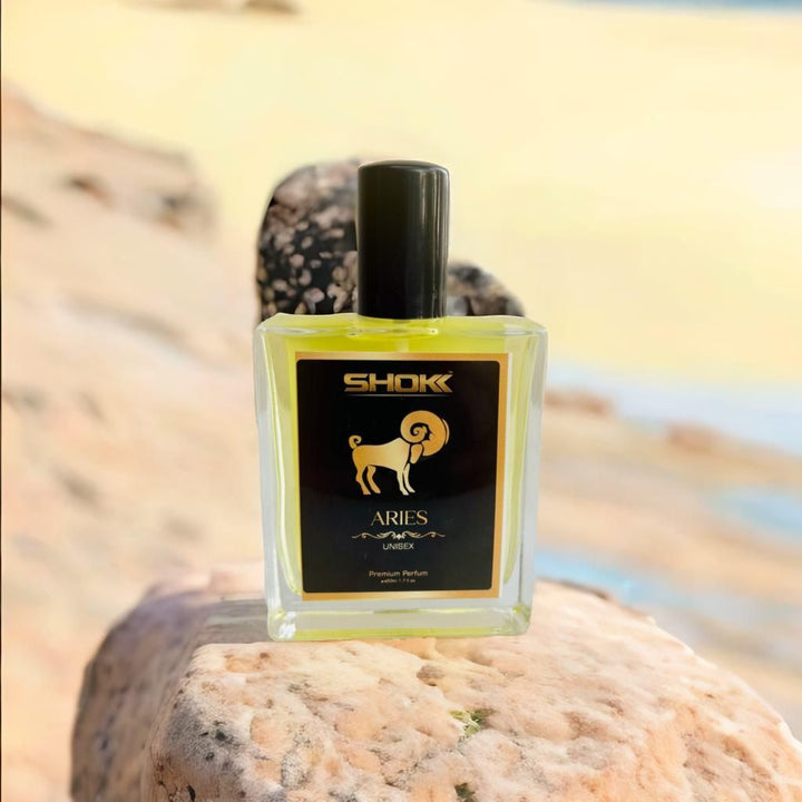 Aries zodiac Unisex Perfum 50ml bottle with black cap and gold Aries symbol on label