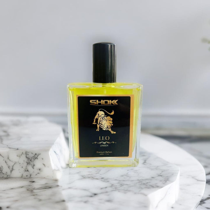 Leo zodiac unisex perfume 50ml in a stylish bottle on a marble surface for zodiac lovers