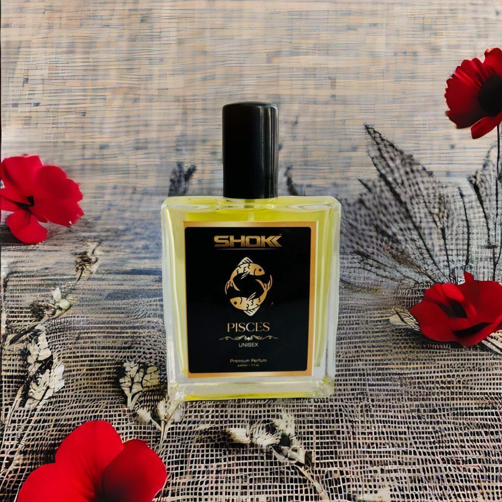 Pisces zodiac unisex perfume 50ml in a stylish bottle with floral background for versatile fragrance lovers