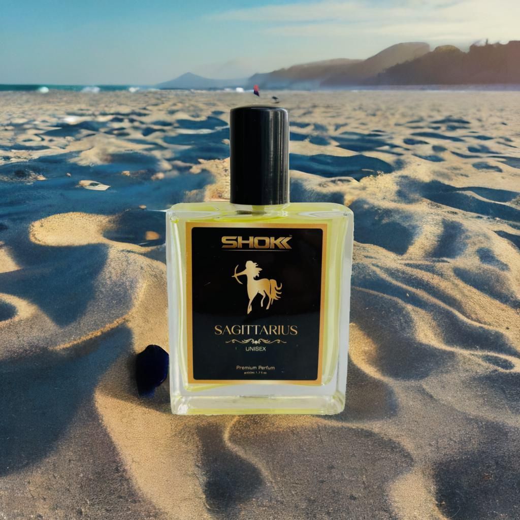 Sagittarius Zodiac Unisex Perfum 50ml by Superior eMart displayed on sandy beach with clear sky background