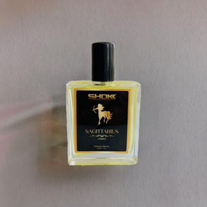 Sagittarius Zodiac Unisex Perfum 50ml in a clear rectangular bottle with black cap and gold label