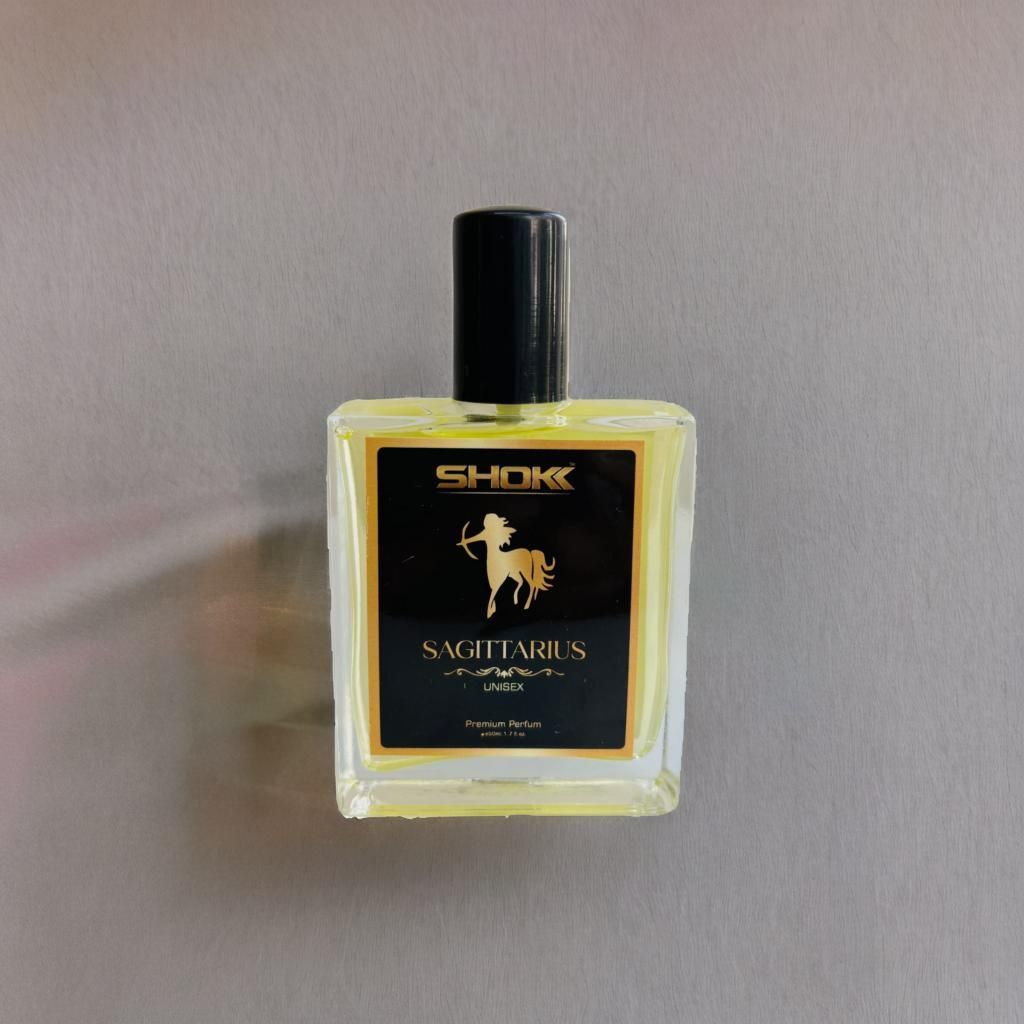 Sagittarius Zodiac Unisex Perfum 50ml in a clear rectangular bottle with black cap and gold label