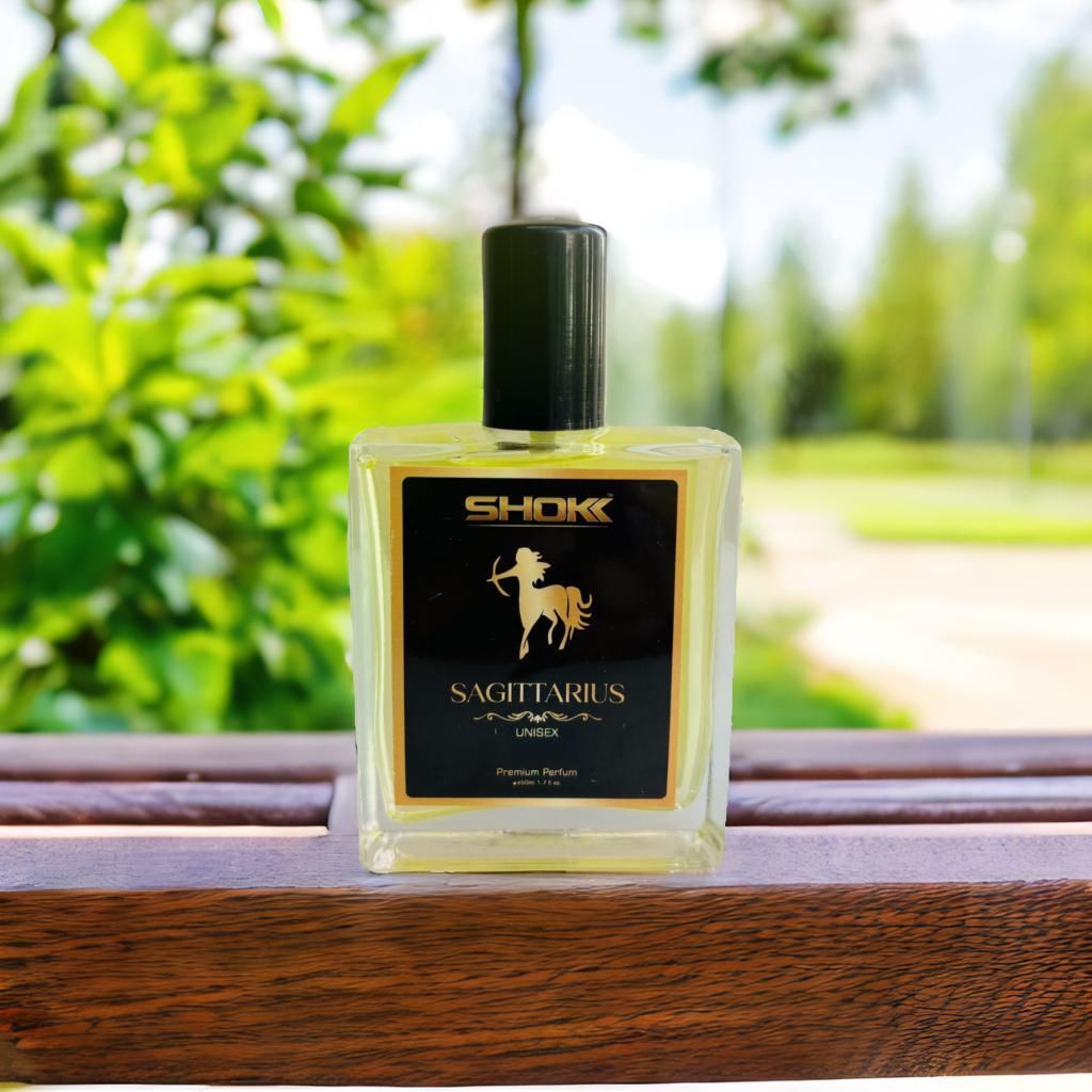 Sagittarius Zodiac Unisex Perfum 50ml with black label and archer logo bottle on wooden surface outdoors