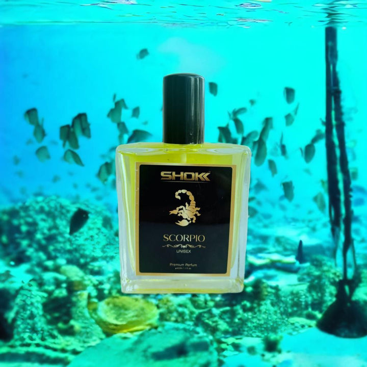 Scorpio Zodiac Unisex Perfum 50ml by Superior eMart with black cap and scorpion design in underwater setting