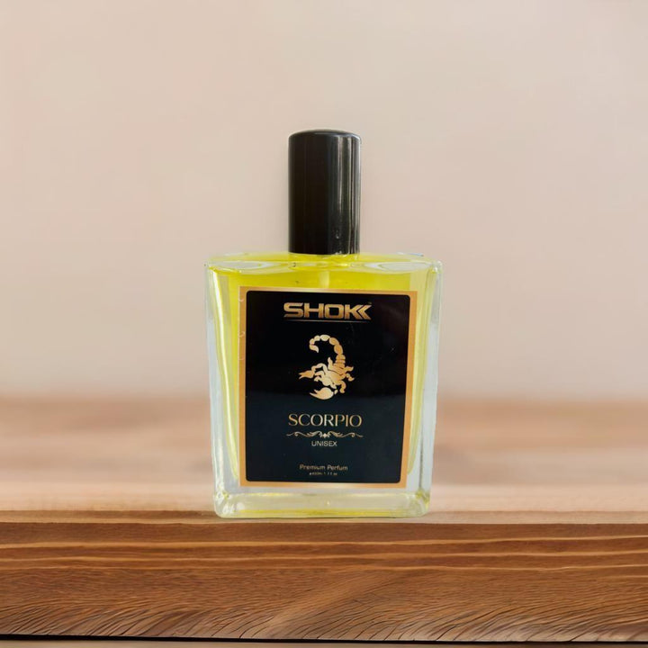 Scorpio Zodiac Unisex Perfume 50ml in a sleek bottle with a stylish design on a wooden surface