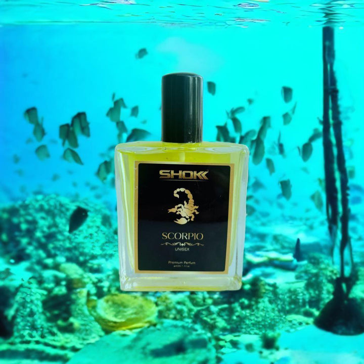 Scorpio Zodiac Unisex Perfume 50ml in a bottle against an underwater background
