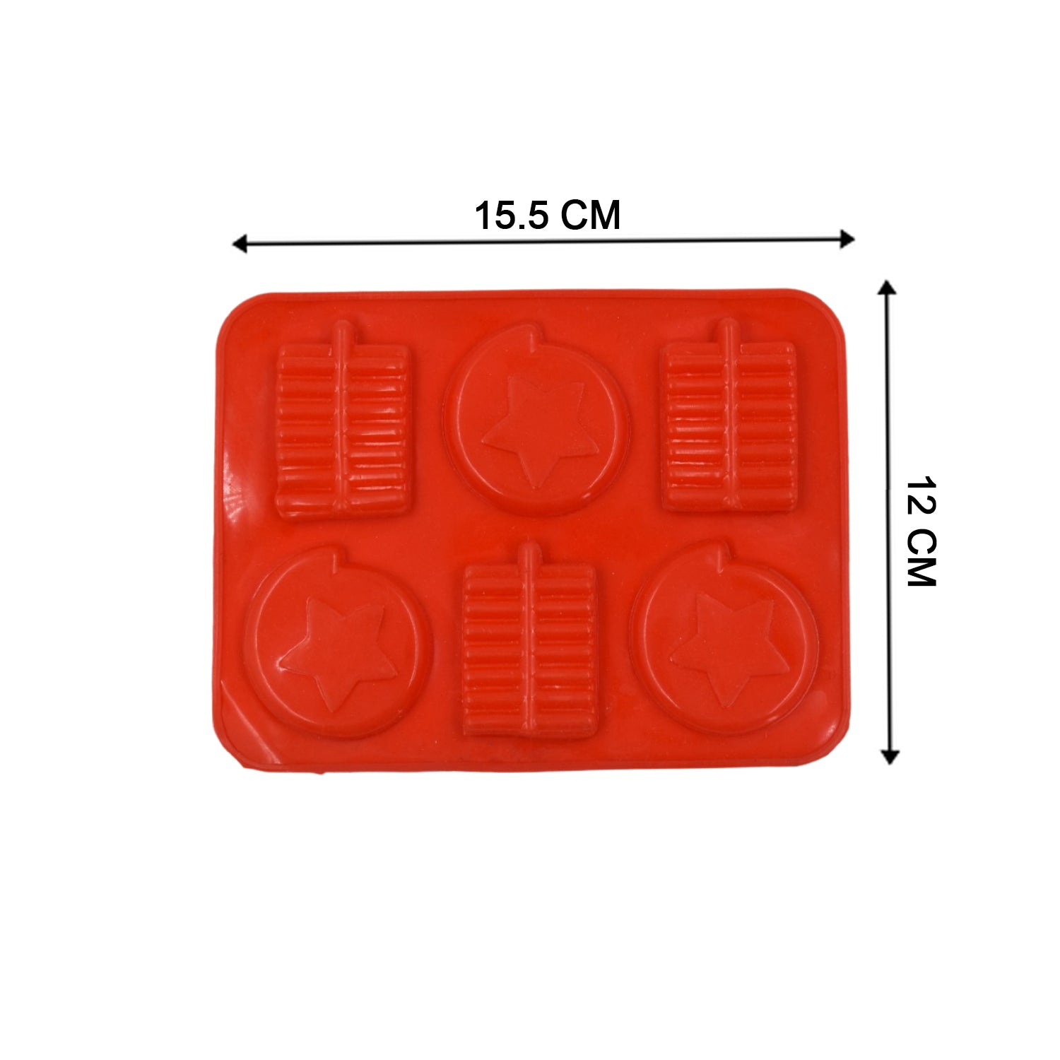 Red silicone chocolate mold tray with five star-shaped cavities for homemade treats