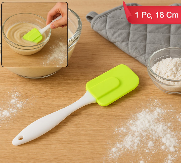 Superior eMart silicone cooking spatula with white handle and green flexible head for mixing and scraping