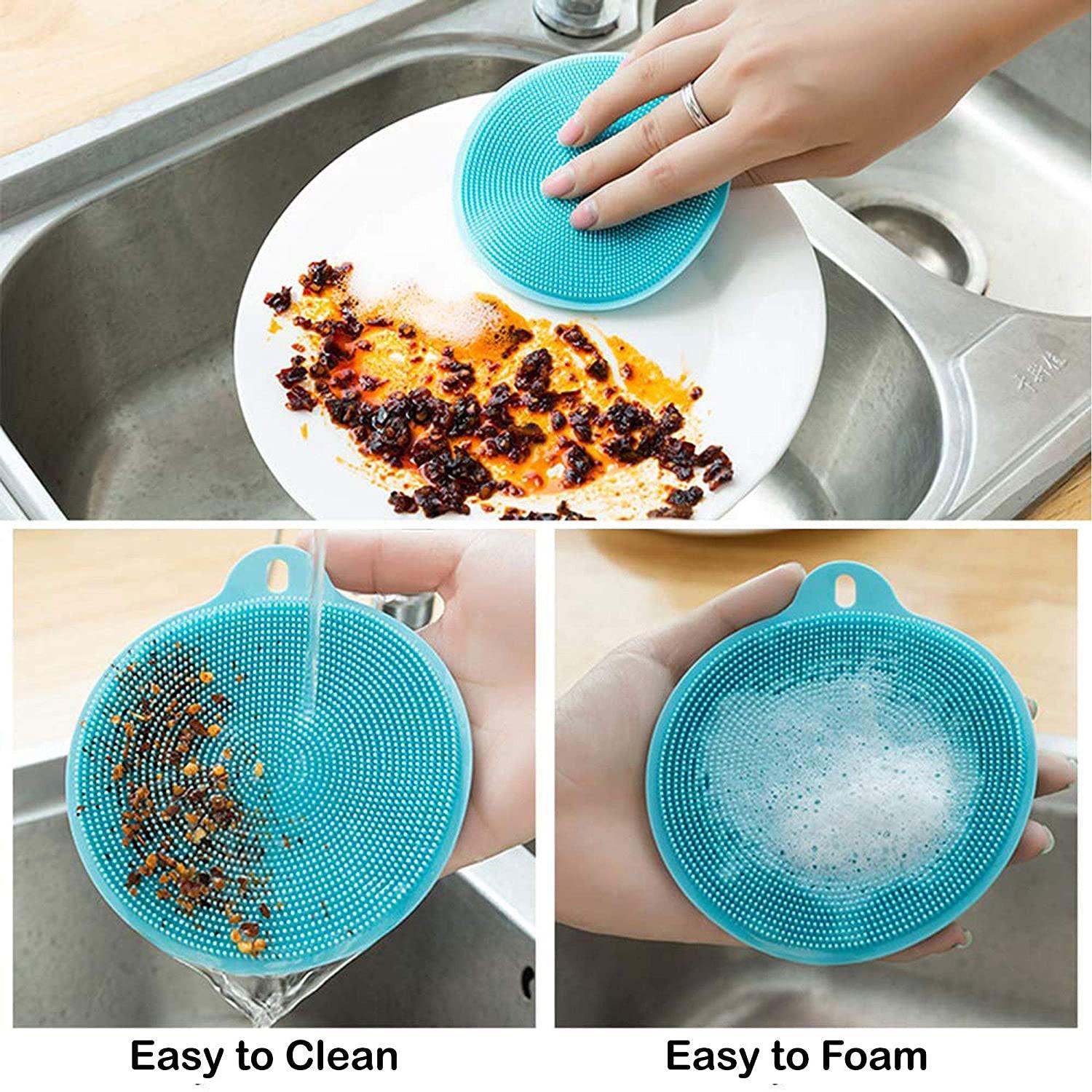 Silicone dish scrubber sponge in use for effective cleaning of dishes with stubborn stains