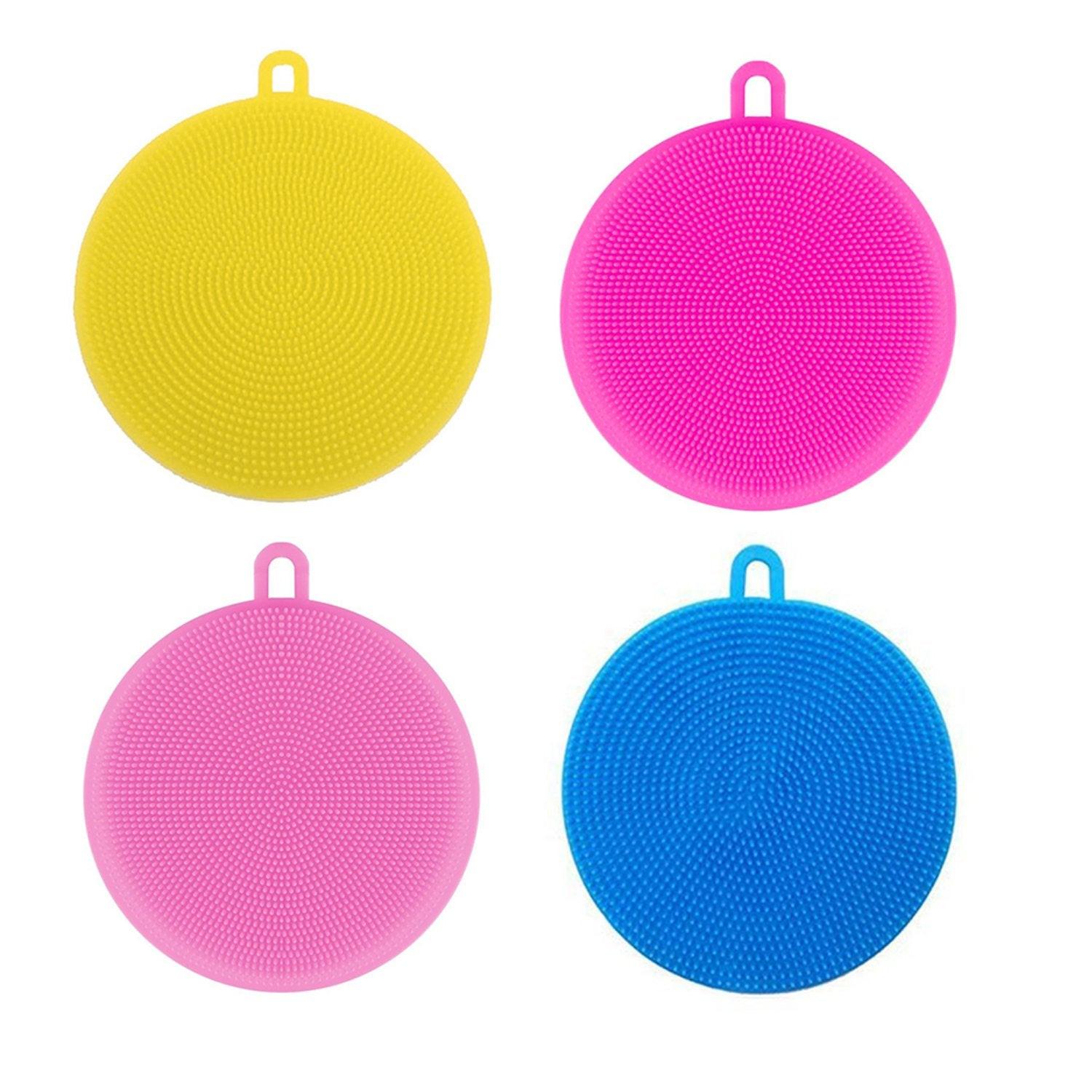 Set of four colorful silicone dish scrubber sponges in pink, blue, and yellow for effective cleaning