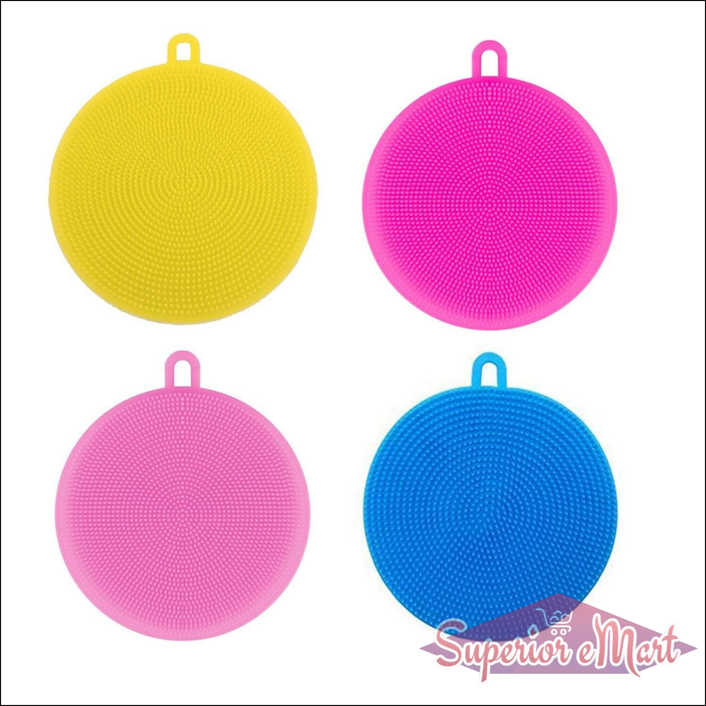 Set of four colorful silicone dish scrubber sponges in pink, blue, and yellow for effective cleaning