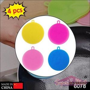 Set of 4 silicone dish scrubber sponges in yellow, pink, and blue for effective kitchen cleaning