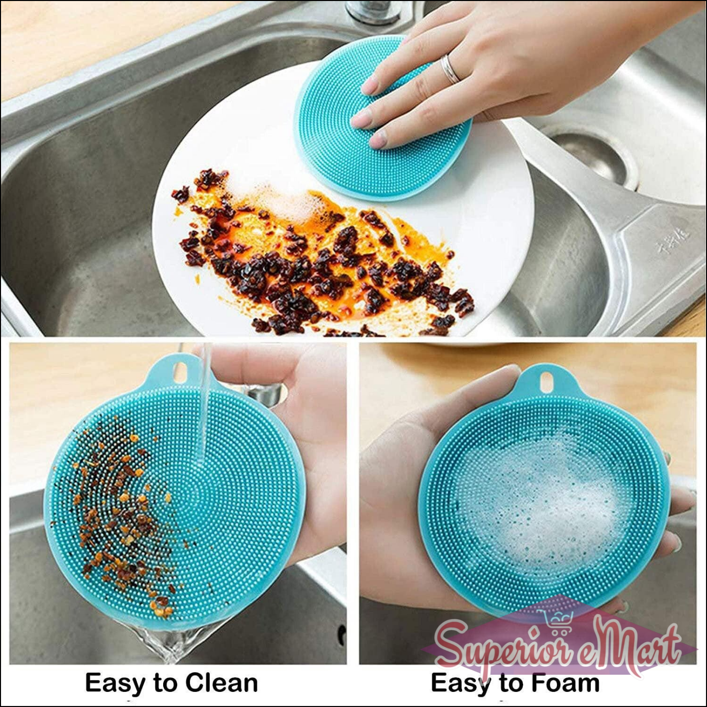 Silicone dish scrubber sponge in use for effective cleaning of dishes with stubborn stains