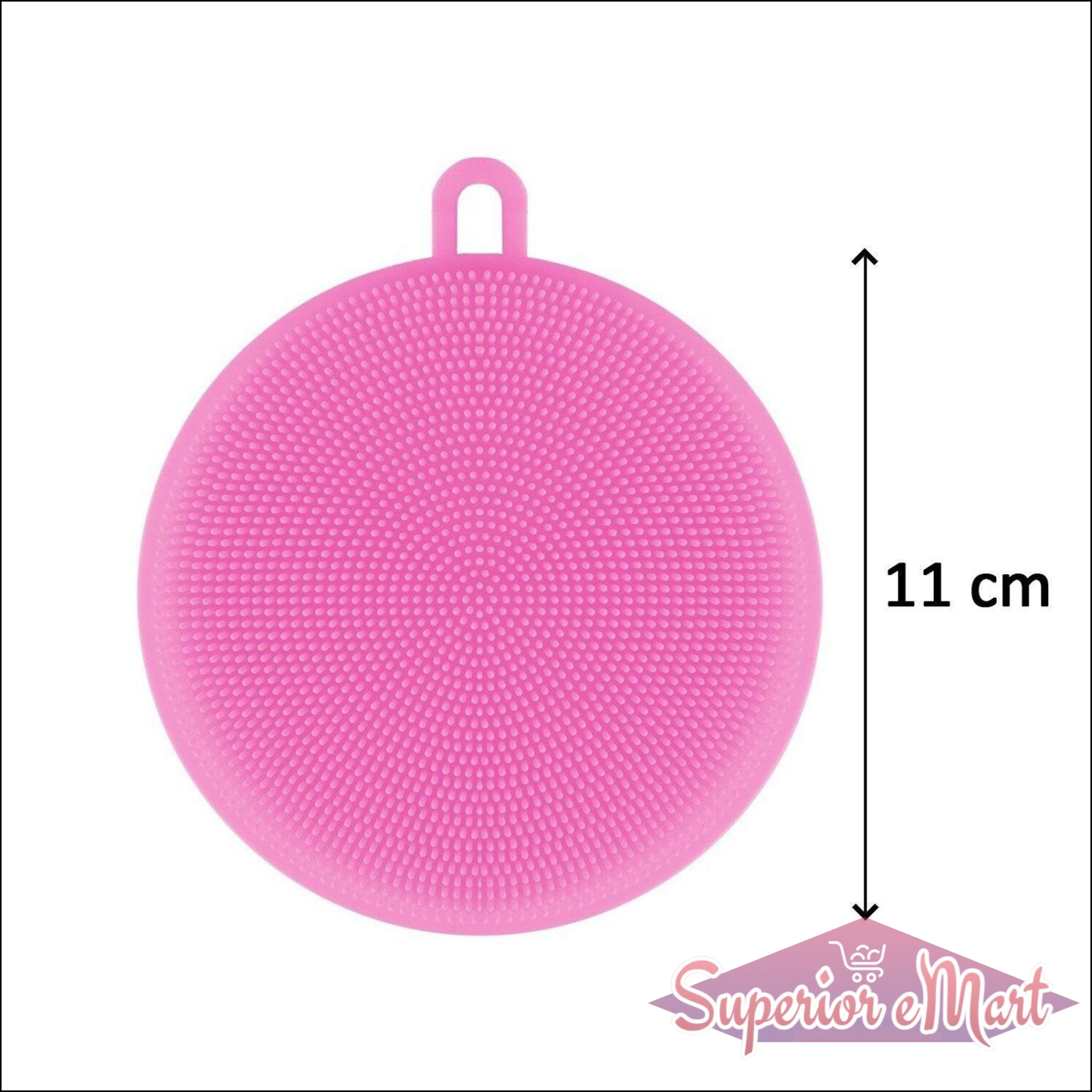 Pink silicone dish scrubber sponge with textured surface for effective cleaning, 11 cm diameter