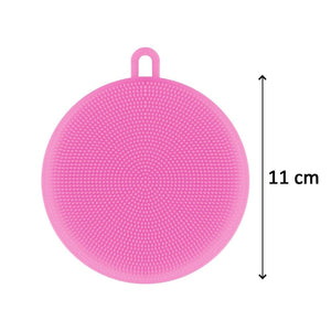 Pink silicone dish scrubber sponge with textured surface for effective cleaning, 11 cm diameter