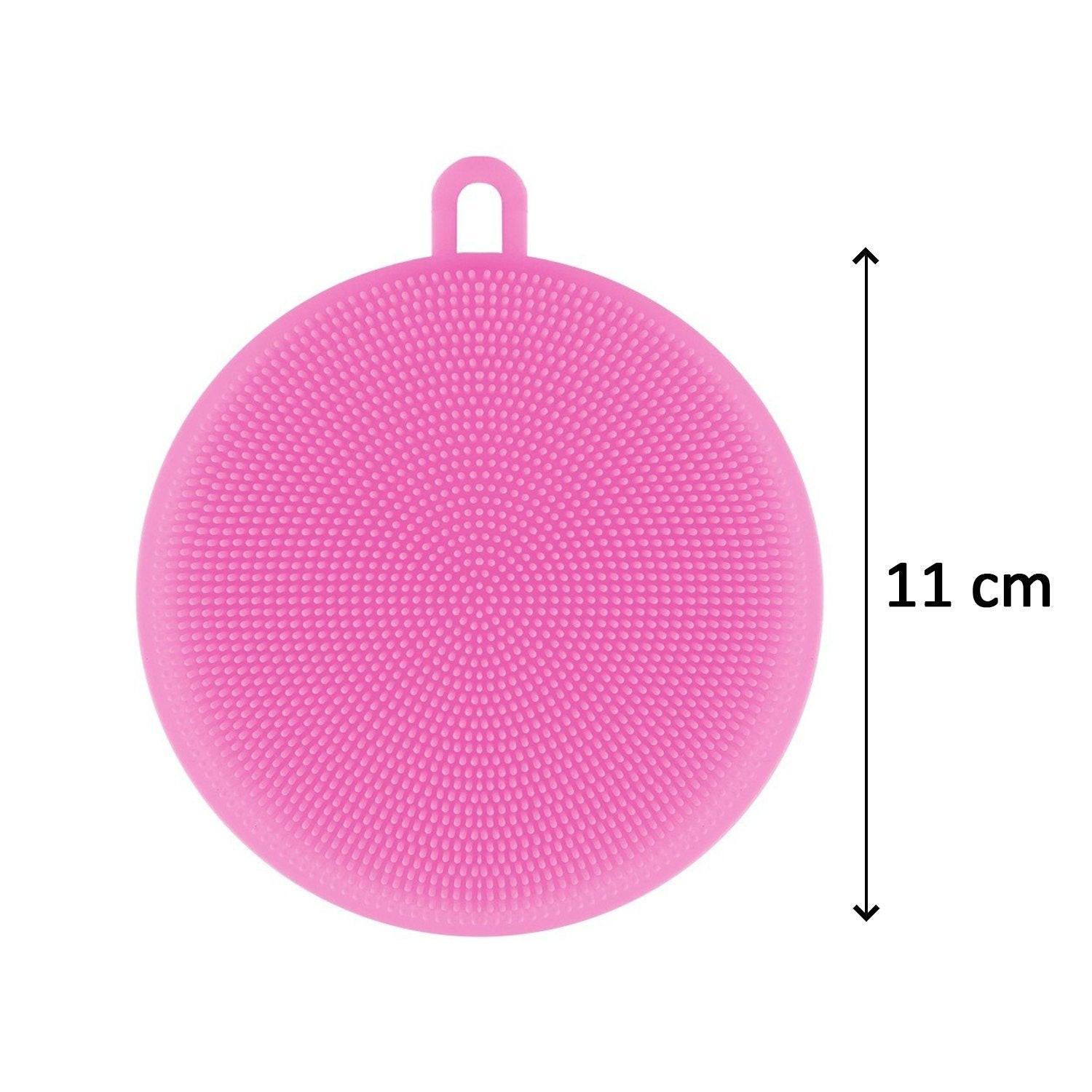Pink silicone dish scrubber sponge with textured surface for effective cleaning, 11 cm diameter
