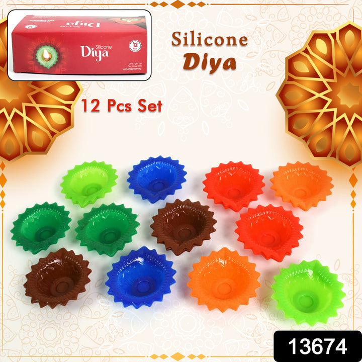 Set of 12 colorful silicone diyas for Diwali in assorted shapes and vibrant hues