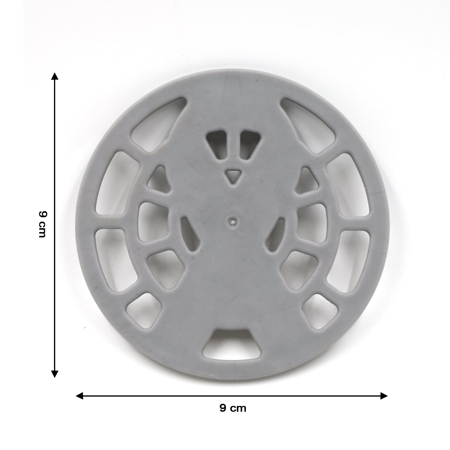 Gray silicone fancy coaster with a unique design, measuring 9 cm in diameter for home and kitchen use