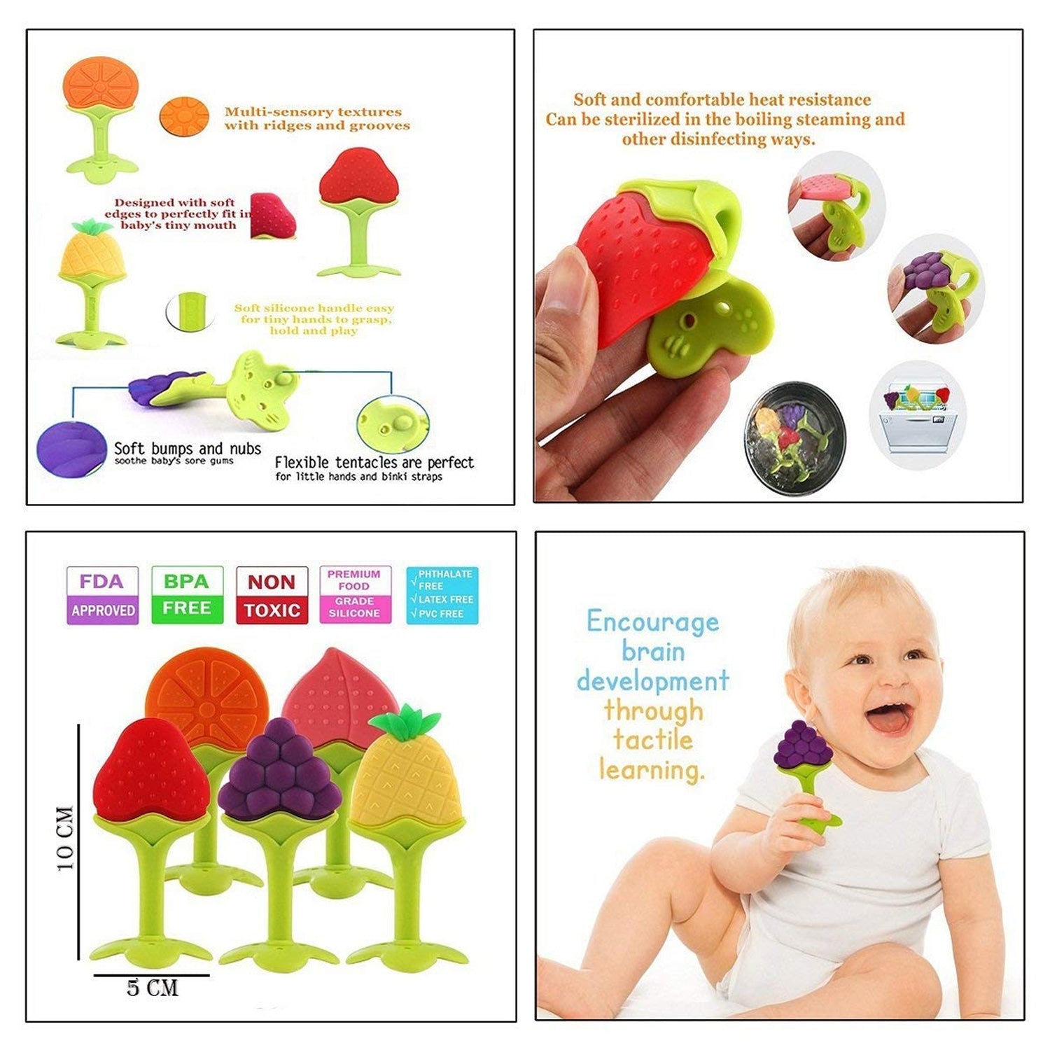 Silicone fruit teether set with textured designs for sensory exploration and safe teething relief