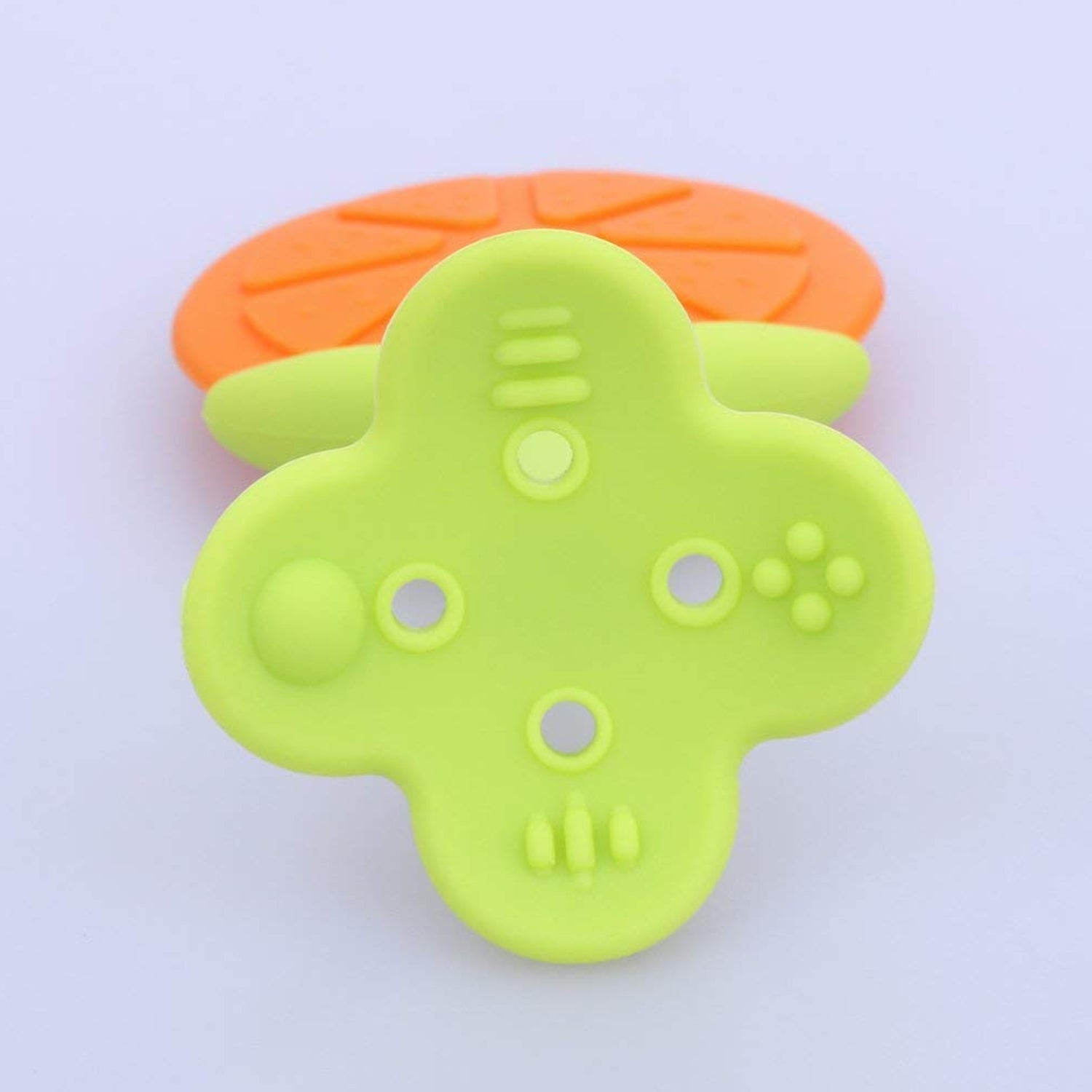 Superior eMart silicone fruit teether in vibrant green and orange for soothing babies' gums