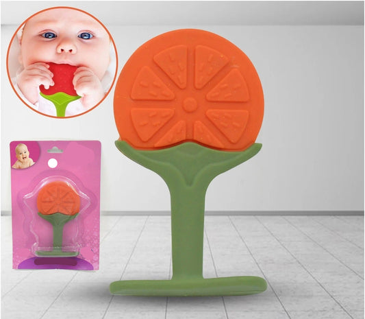 Silicone fruit teether in orange and green design for soothing baby's gums during teething