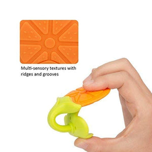 Bright orange silicone fruit teether designed for babies with multi-sensory textures for soothing gums