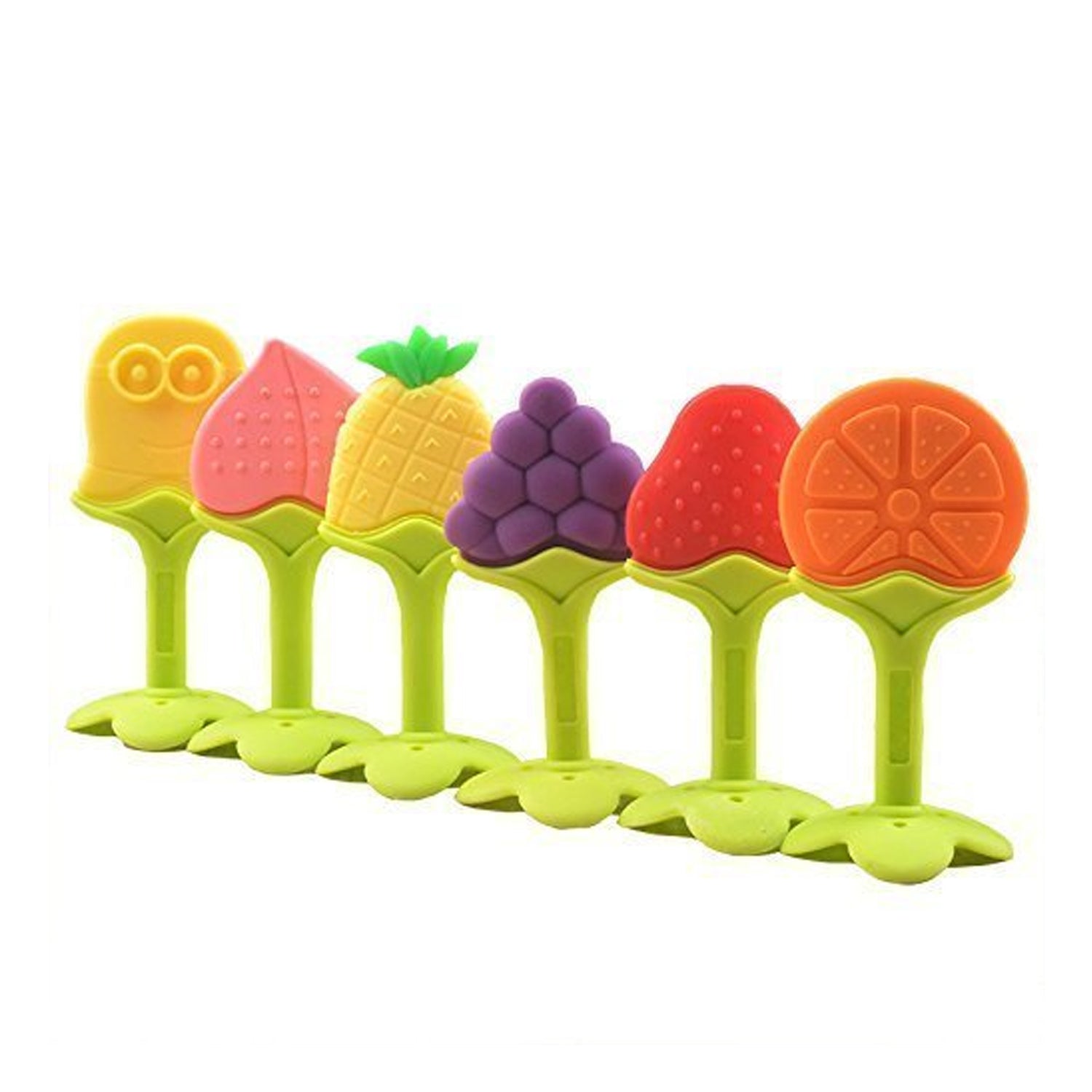 Colorful silicone fruit teether set for babies featuring various fruit shapes for soothing gums