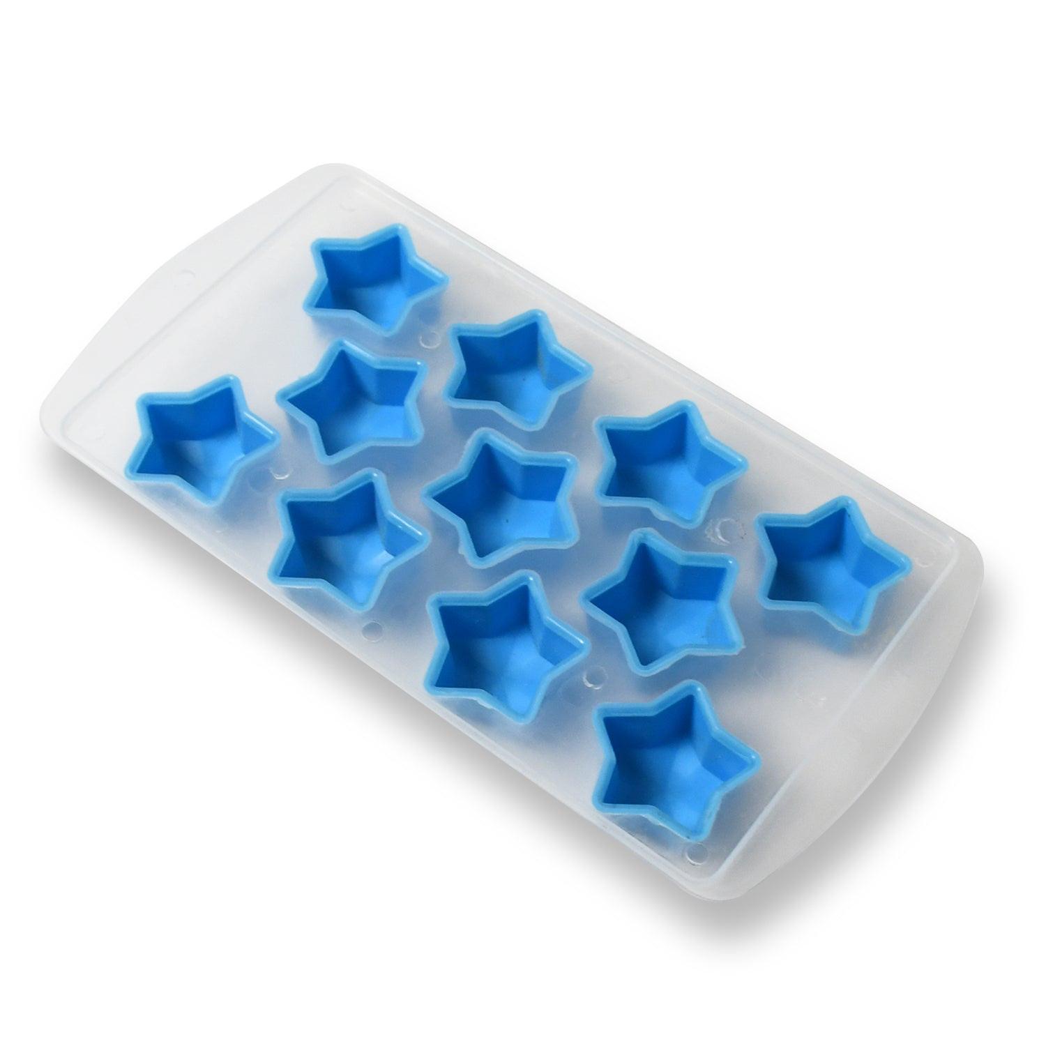 Silicone ice cube tray in blue with star-shaped compartments for fun and easy ice making